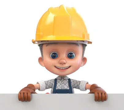 3D illustration funny boy in construction helmet and overalls Illustrazione stock