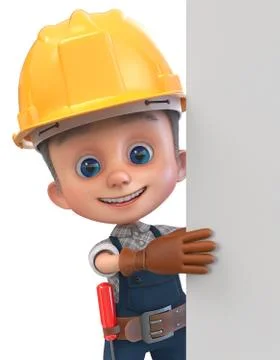 3D illustration funny boy in construction helmet and overalls Stock Illustration