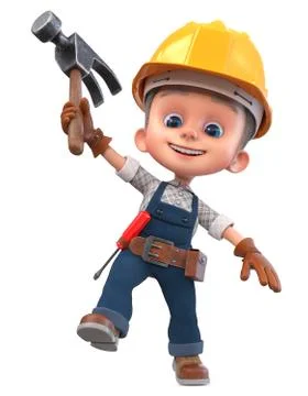 3D illustration funny boy in construction helmet and overalls Stock Illustration