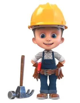 3D illustration funny boy in construction helmet and overalls Stock Illustration