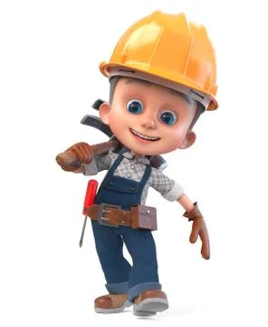 3D illustration funny boy in construction helmet and overalls Stock Illustration