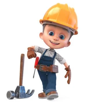 3D illustration funny boy in construction helmet and overalls Stock Illustration