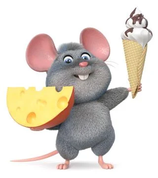 3d illustration funny mouse with cheese and ice cream Stock Illustration