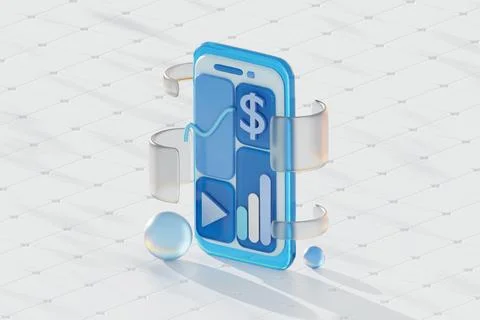 3d illustration future technology graphs and symbols on phone screen online p 스톡 일러스트