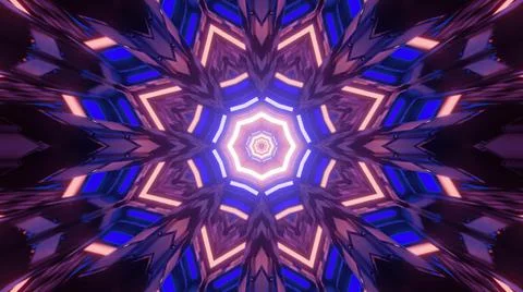 3D illustration of geometric pattern in neon lights in motion in tunnel Stock Illustration