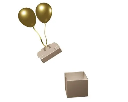 3D illustration, a gift box opened by pulling of a balloon on a white backgro Illustrazione stock
