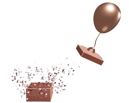 3D illustration, a gift box opened by pulling of a balloon on a white backgro Illustrazione stock