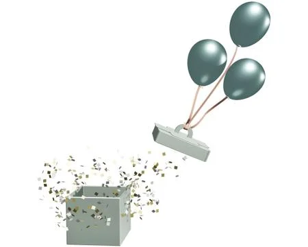 3D illustration, a gift box opened by pulling of a balloon on a white backgro Stock Illustration