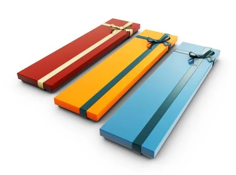 3d Illustration of gift colored boxes with ribbon bows. Stock Illustration