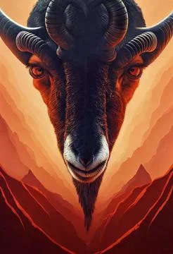 3D illustration of a goat face between rocks Illustrazione stock