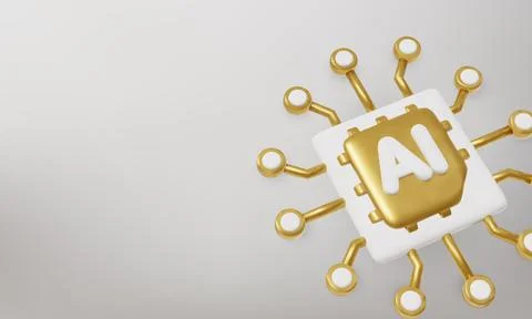 3D illustration of a golden AI processor chip. Ideal for modern computing Illustrazione stock