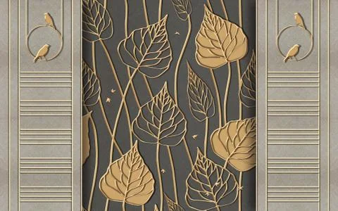 3d illustration, golden frames, leaf outlines on a dark background Stock Illustration