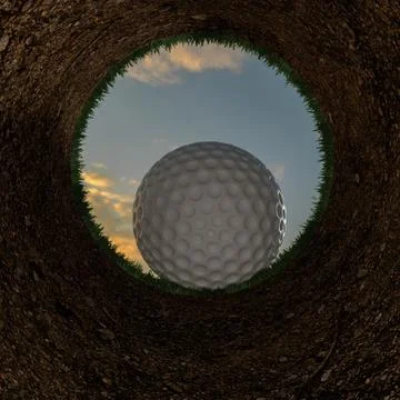 3D illustration of a golf ball going into a hole. Rendering. Stock Illustration