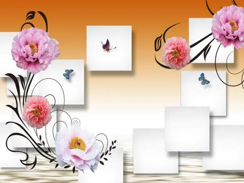 3D illustration, gradient background, white squares, peonies, butterflies Stock Illustration