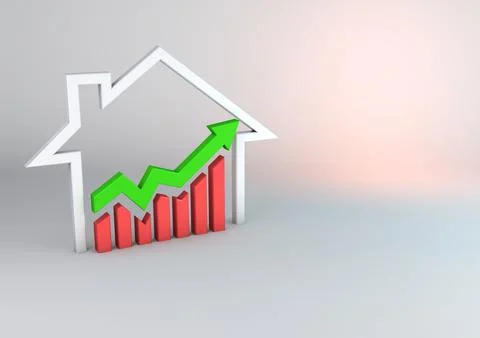 A 3D illustration of a graph, arrow and a house in finance Illustrazione stock