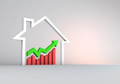 A 3D illustration of a graph, arrow and a house in finance Illustrazione stock
