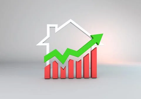 A 3D illustration of a graph, arrow and a house in finance Illustrazione stock
