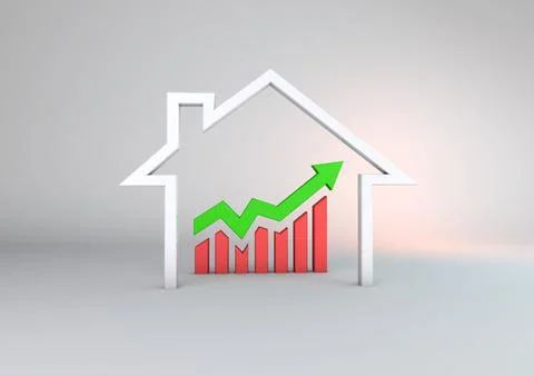 A 3D illustration of a graph, arrow and a house in finance 스톡 일러스트