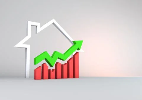 A 3D illustration of a graph, arrow and a house in finance Illustrazione stock