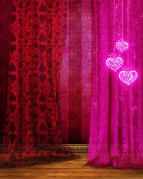 3d illustration graphic red background with pink hearts and pink drapes Stock Illustration
