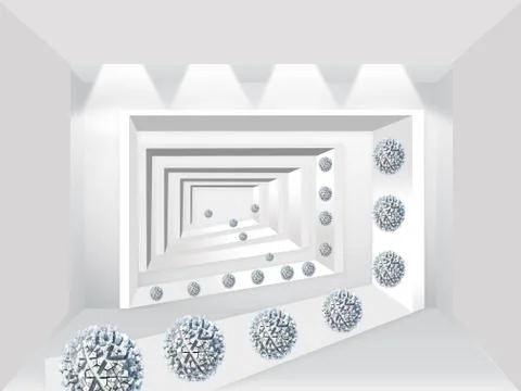 3d illustration, gray angular tunnel, corrugated balls around the perimeter Stock Illustration