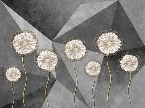 3d illustration, gray background consisting of triangles, large dandelions Illustrazione stock