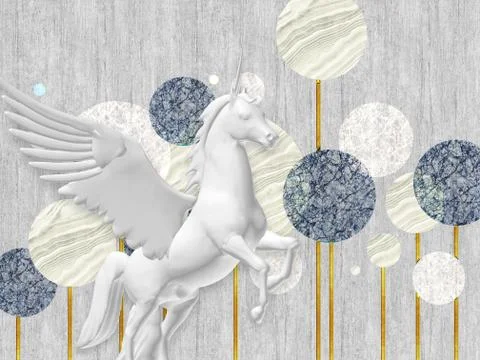 3d illustration, gray background, dandelions, gray pegasus in the foreground Stock Illustration