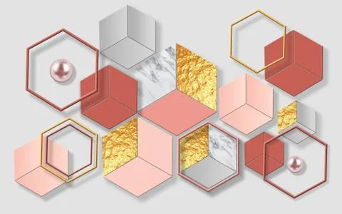 3d illustration, gray background, hexagonal frames, pink and gold hexagons Stock Illustration