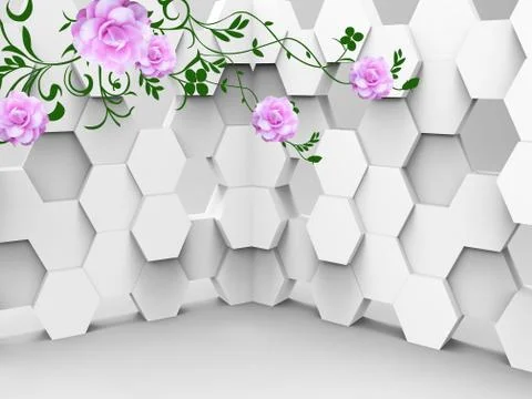3d illustration, gray background, hexagons, large pink flowers Stock Illustration