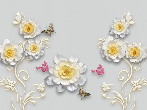 3d illustration, gray background, large white ornamental flowers, butterflies Illustrazione stock