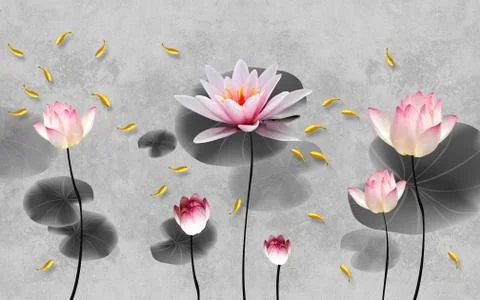 3d illustration, gray background, large pink water lilies and goldfish Stock Illustration