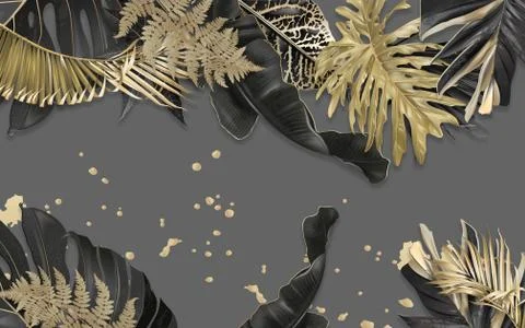 3d illustration, gray background, large beige and dark gray tropical leaves Stock Illustration
