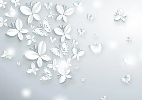 3d illustration, gray background, light, white paper butterflies Stock Illustration