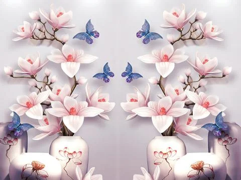 3d illustration, gray background, pink flowers stand in pink vases Stock Illustration