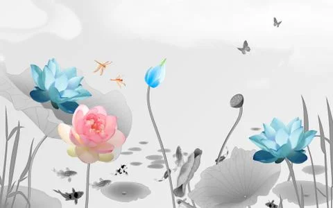 3d illustration, gray background, pond, pink and blue water lilies Stock Illustration