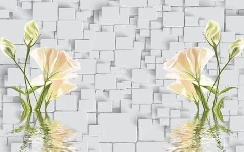 3d illustration, gray background, rectangles, white water lilies Stock Illustration