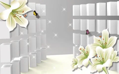 3d illustration, gray background with steps, light lilies Stock Illustration