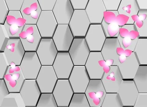 3d illustration, gray background, tile, hexagons, pink petals Stock Illustration