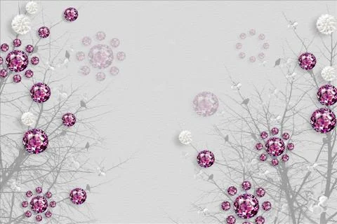 3d illustration, gray background with tree outlines, lilac crystal balls Stock Illustration