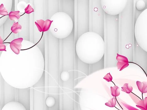 3d illustration, gray background, vertical stripes, balloons, pink tulips Stock Illustration
