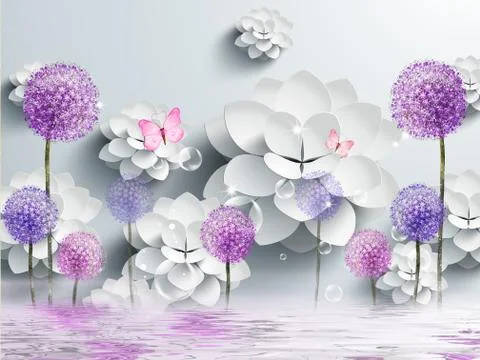 3d illustration, gray background, white paper flowers, colored dandelions Stock Illustration