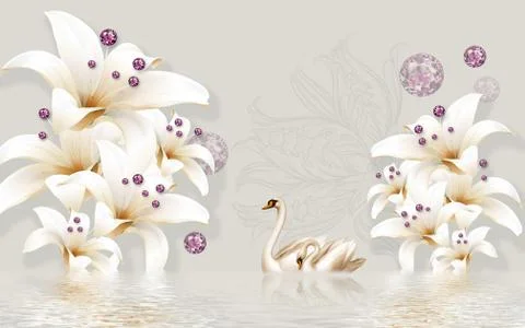3d illustration, gray background, white lilies, a pair of swans Stock Illustration