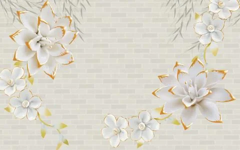 3d illustration, gray brick background, white gilded fabulous flowers Stock Illustration