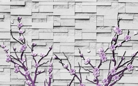 3d illustration, gray brick background, purple curved flowering branches Stock Illustration