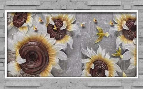 3d illustration, gray brick wall, embossed white sunflowers in a white frame Stock Illustration