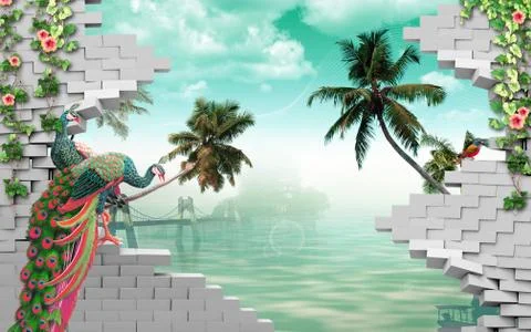 3d illustration, gray bricks, peacocks, palm trees, water, hanging bridge Stock Illustration