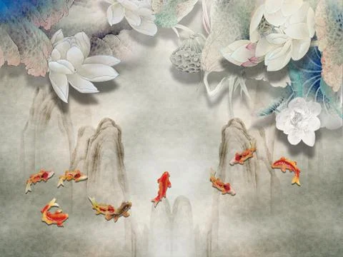 3d illustration, gray embossed background, large white flowers, goldfish Stock Illustration