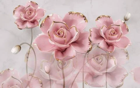 3d illustration, gray marble background, large pink gold-plated roses Illustrazione stock