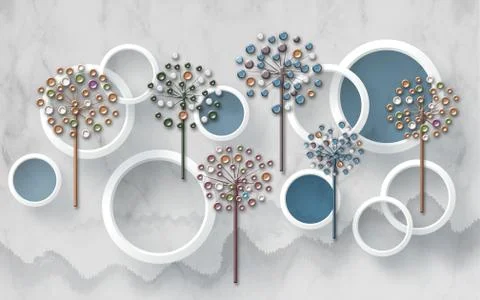 3d illustration, gray marble background, white rings, fabulous glass flowers Stock Illustration