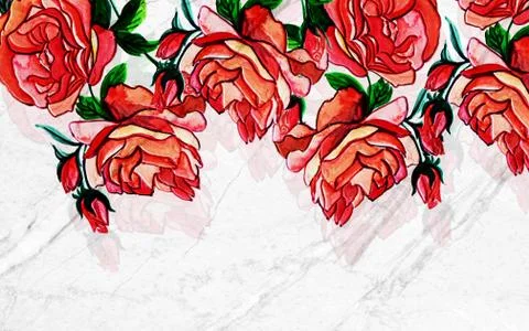 3d illustration, gray marble background, large red-pink roses Stock Illustration
